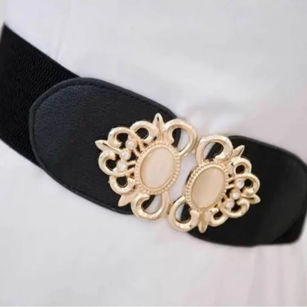 Golden‎ Double Buckle Black Waspie Belt Stretchy Elastic Accentuating Waist Band